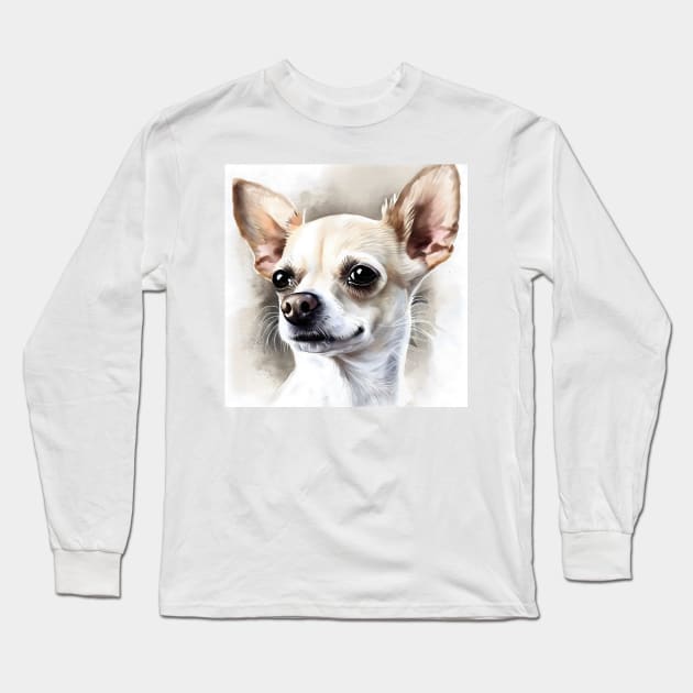 White and Tan Chihuahua Portrait Watercolor Style Long Sleeve T-Shirt by designs4days